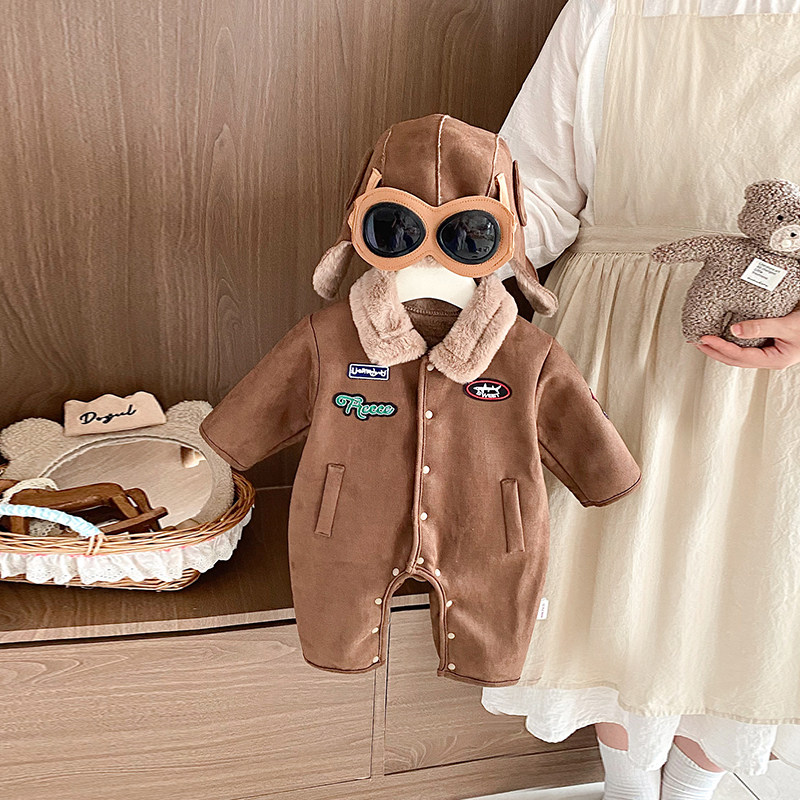 thumbnail for Baby winter clothes, autumn and winter clothes, thickened baby boys' bodysuits, warm outdoor wear, full month cute crawl clothes, Har clothes