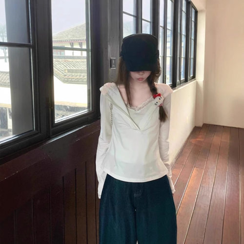 【自家工厂现货】修身长袖T恤女早秋设计感蕾丝假两件连帽上衣
