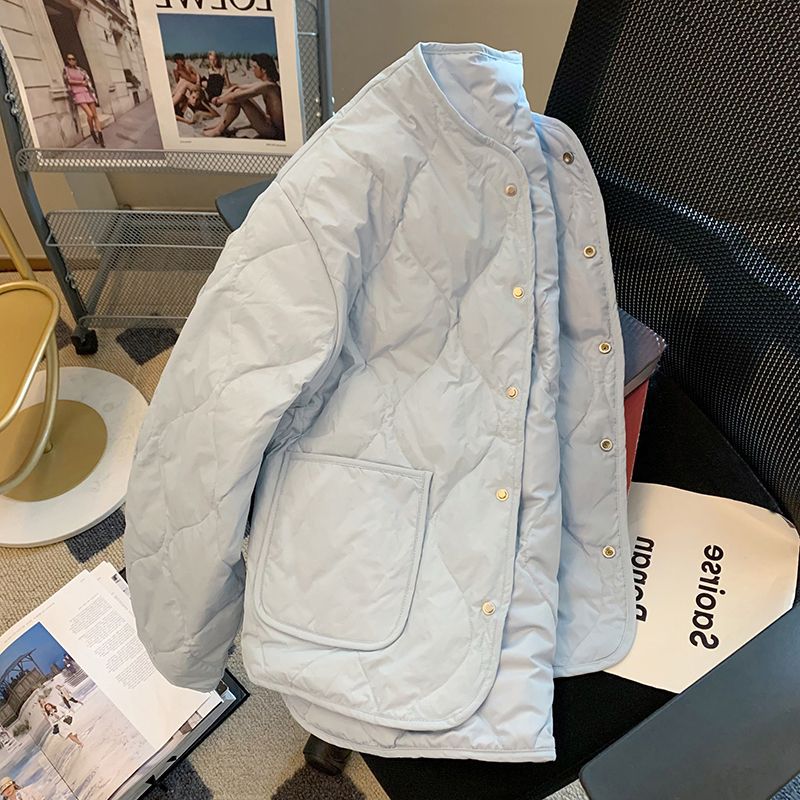 小香风羽绒棉服女冬季新款2023温柔风高级感夹棉加厚蓝色菱格外套