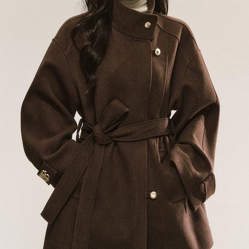 QDQD 复古高级感立领毛呢外套秋冬新款系带收腰显瘦气质棕色大衣