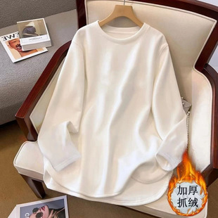 开叉上衣内搭长袖 宽松加厚抓绒中长款 t恤 女秋冬季 抓绒加绒打底衫