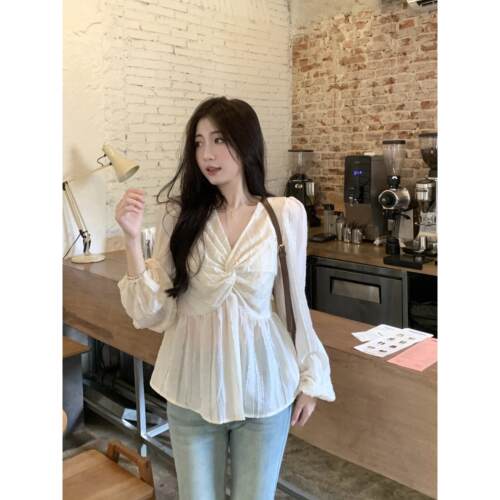 大码女装法式温柔风扭结衬衫遮肚显瘦灯笼袖后背打揽上衣