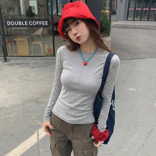 #打底衫女秋季2026新款明线设计感下摆开叉上衣长袖t恤潮