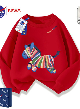 NASA红色卡通马卫衣男女宽松圆领套头长袖上衣本命年新年宽松秋冬