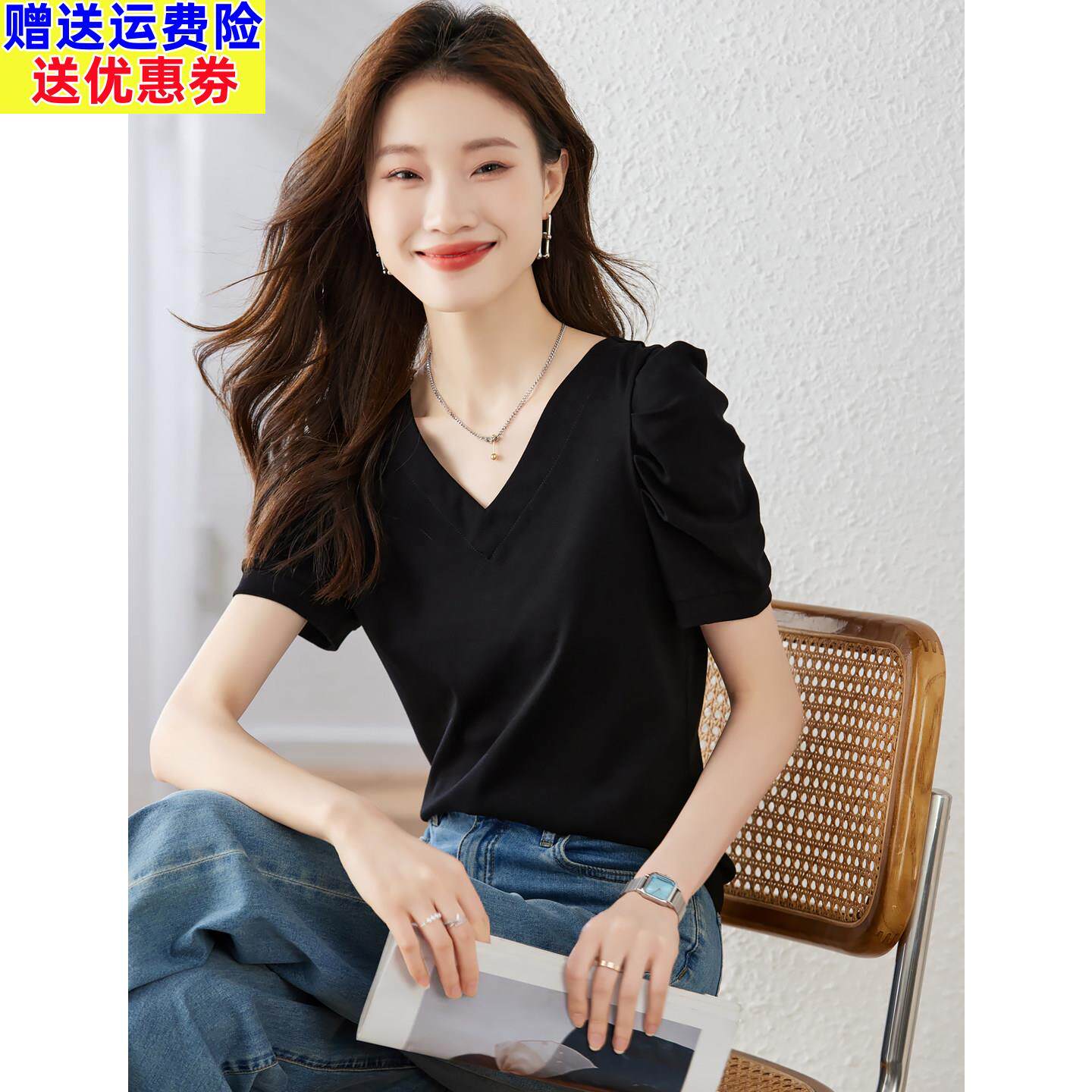 正肩黑色v领短袖t恤女2026新款夏季超火减龄泡泡袖设计感小众上衣