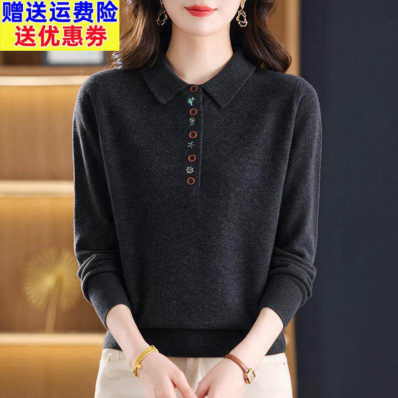 优雅气质100%纯羊绒衫女秋冬翻领套头打底衫洋气妈妈宽松针织毛衣