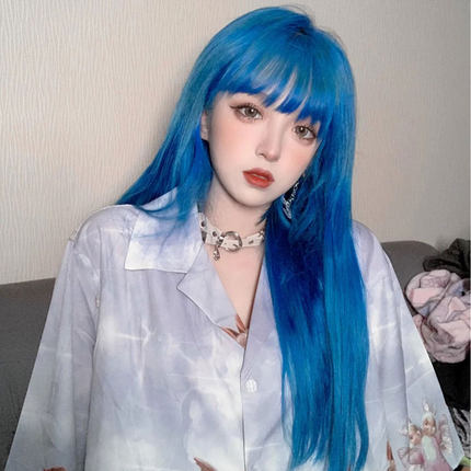 深海蓝色假发长发女团自然全头日常湖蓝网红人鱼蓝Lolita党妹cos