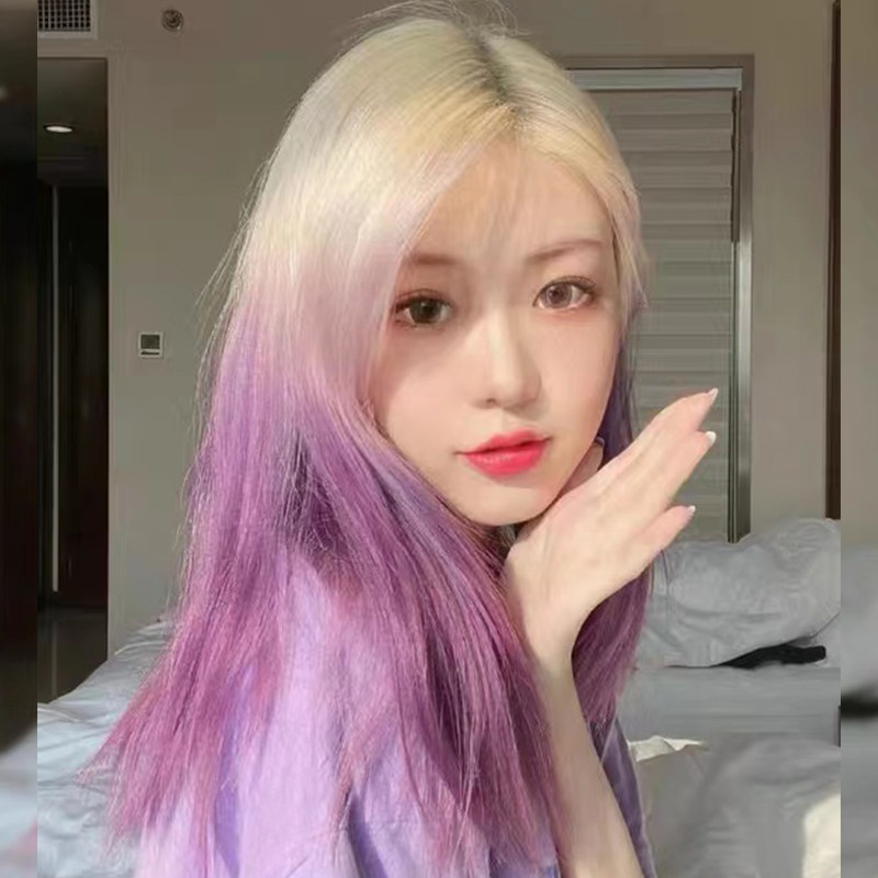 香芋紫假发女长发中分刘海中长齐肩锁骨假发金色渐变粉紫色全头套