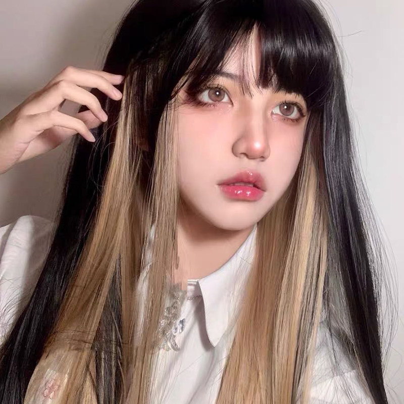 挑染假发全头套亚麻金色挑染黑棕长发网红逼真彩色lolita电竞少女