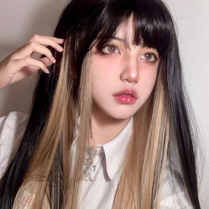 挑染假发全头套亚麻金色挑染黑棕长发网红逼真彩色Lolita电竞少女