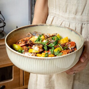 日式条纹浮雕陶瓷大碗9英寸家用汤碗窑变釉菜碗特色餐厅商用面碗