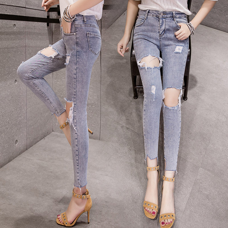 hole cowboy summer new pattern Elastic force Feet Ninth pants Korean Edition Self cultivation Show thin wathet Thin section Pencil pantsin the Women's clothing/Boutique , Jeans  category - from Buy2taobao.com to provide professional Taobao agent buy service