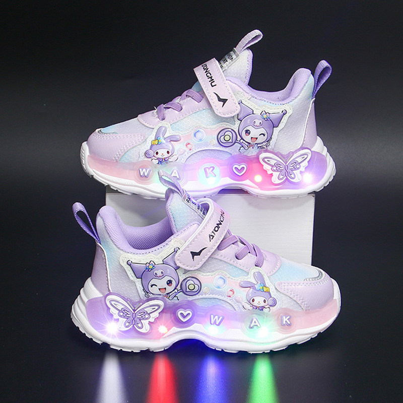 库洛米儿童运动鞋带灯发光2025新款女童秋季网面透气跑步公主鞋子
