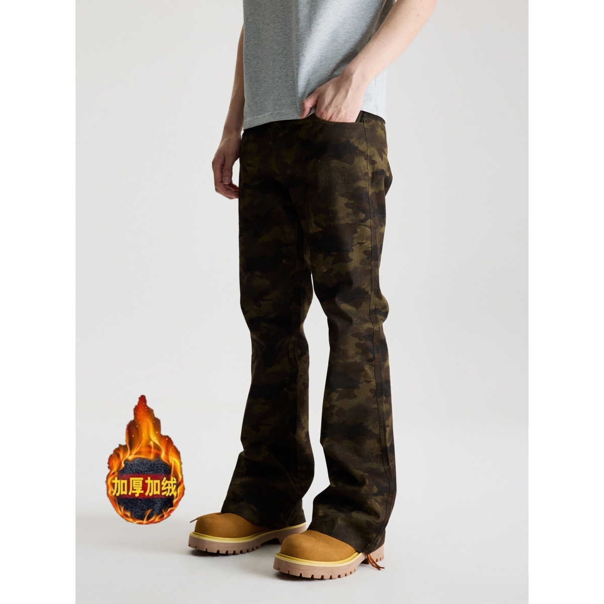 美式复古修身黄沙迷彩裤加绒加厚冬季做旧工装显瘦微喇休闲男女裤