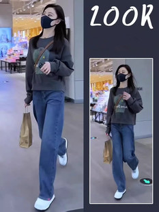 早秋装搭配一整套微胖显瘦小个子穿搭时尚减龄卫衣牛仔裤两件套装