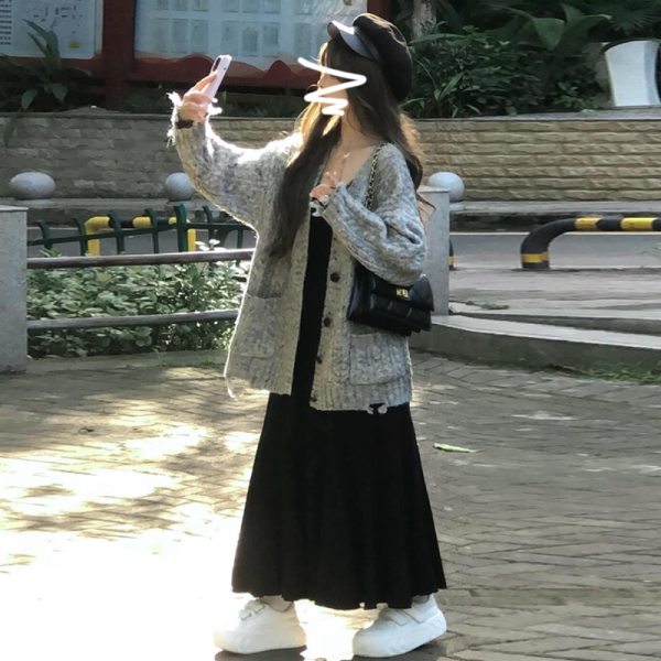 早秋慵懒风灰色毛衣针织开衫女2024新款韩系穿搭宽松外套初秋上衣