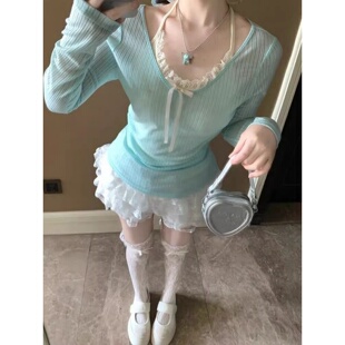 浅绿色长袖 薄款 t恤上衣内搭蕾丝挂脖吊带 女夏季 纯欲风v领防晒罩衫