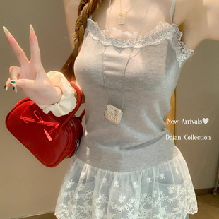 芭蕾风蕾丝花边裙摆吊带背心女早春夏2025新款 上衣 纯欲bm内搭无袖