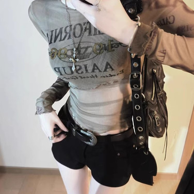 美式复古辣妹修身长袖网纱上衣