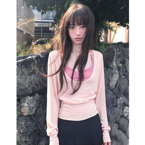 早春chic掐腰长袖T恤吊带套装