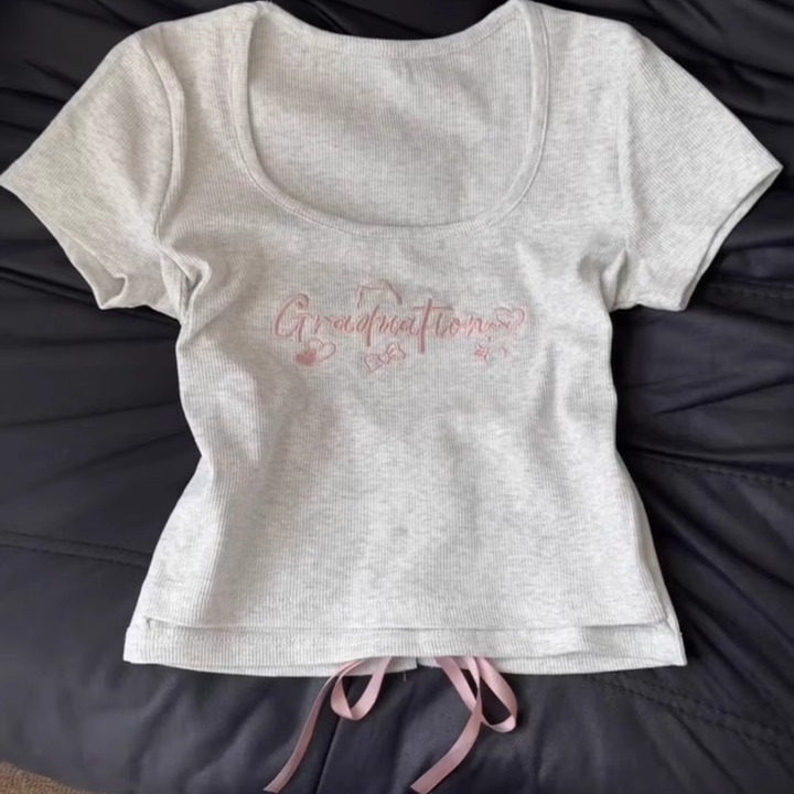 正肩方领蝴蝶结绑带辣妹短款上衣女夏设计感小众短袖t恤修身显瘦,女装/女士精品,T恤,淘宝优惠券,粉丝福利购,淘宝优惠卷