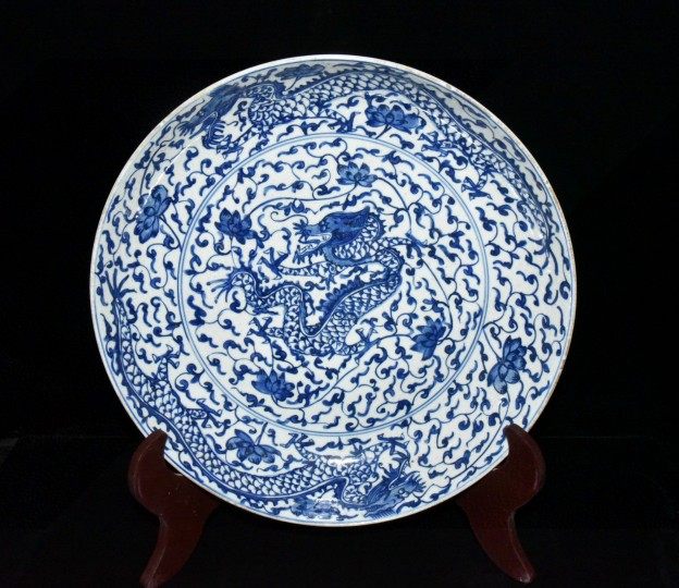 清代青花手绘龙纹盘子装饰坐盘古玩古董收藏真品老瓷器农村老物件