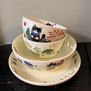 久物 高级感独处猫咪陶瓷餐具卡通儿童米饭碗面碗汤盘水果西餐盘