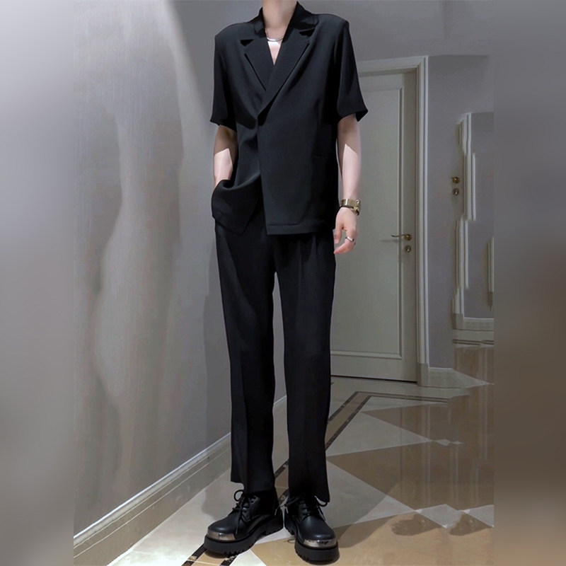 轻奢莱德搭配夏季痞帅西服套装男冰丝薄款时尚垂感短袖西装潮外套