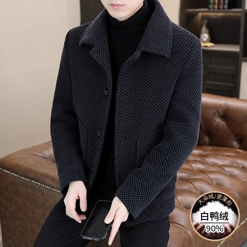 高端毛呢羽绒服外套男士短款加厚呢子大衣2025冬季新款保暖鸭绒服