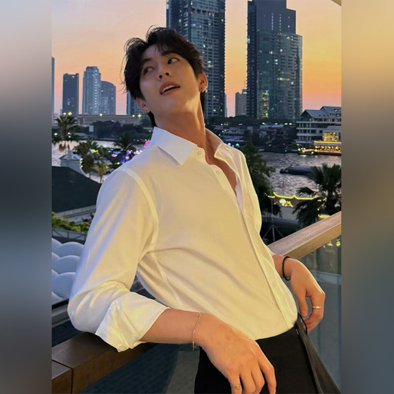 高端韩系雅痞风白色衬衫春季男款成熟感修身正肩商务西装内搭衬衣