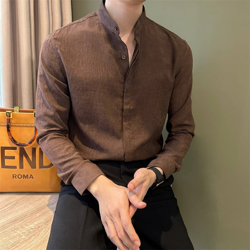 高端复古做旧暗扣设计弹力春季男衬衫新中式纯色修身立领长袖衬衣