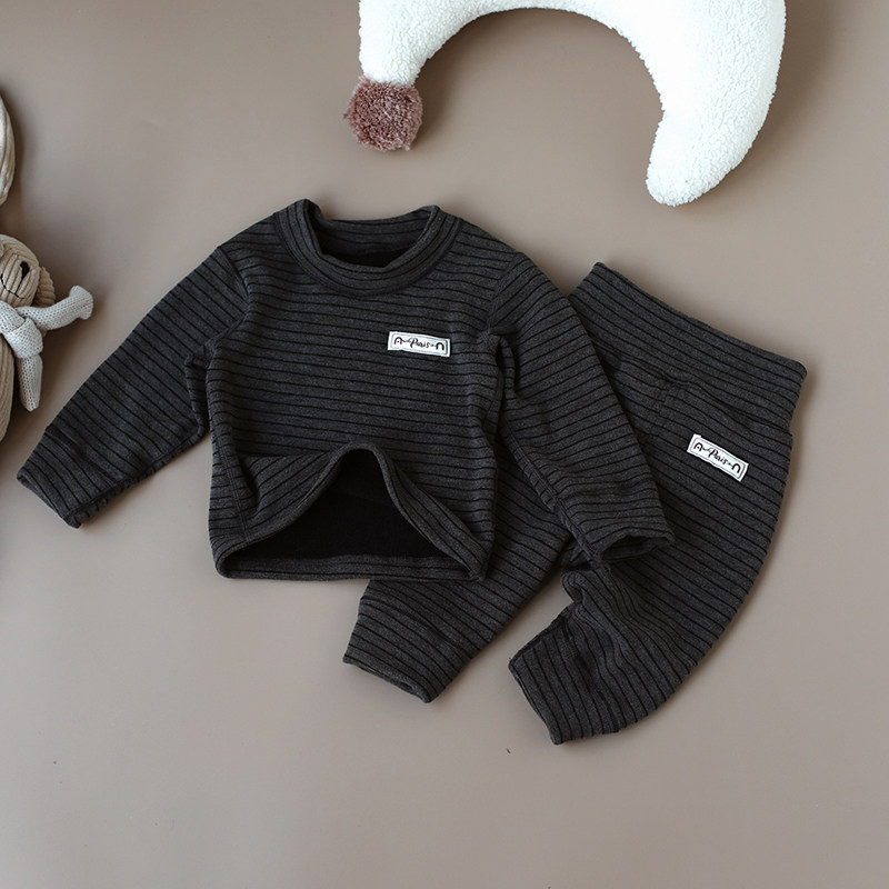 婴姿宝宝条纹保暖内衣套装冬季婴儿加绒高腰护肚秋衣秋裤儿童睡衣
