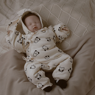 婴姿新生婴儿儿衣服加厚秋冬款套装初生宝宝59码保暖连体棉衣夹棉