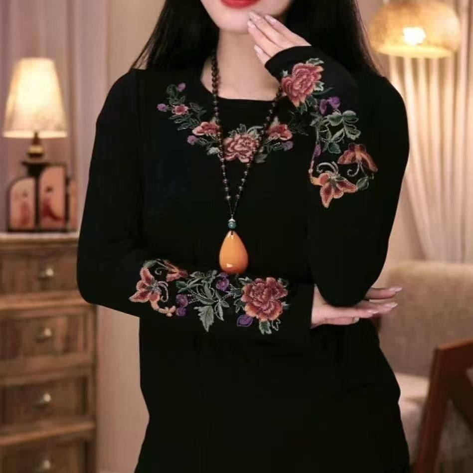纯棉妈妈秋冬长袖打底中老年人国风刺绣复古洋气遮肉2025新款