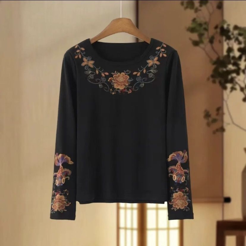 棉圆领中式春秋新款刺绣重工国风民族绣花长袖百搭打底复古T恤