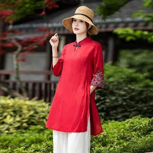 太极服新款文艺复古中国风中长款上衣女装刺绣棉麻上衣
