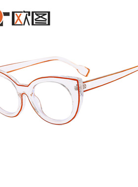 镂空彩条色猫眼防蓝光眼镜框2024款ins欧美女士平光镜89136