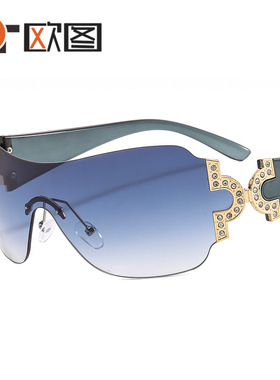 无框连体镶钻欧美太阳镜 大框男女士炫酷Y2K系列飞行员墨镜YK544