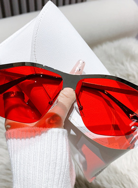 欧美潮流Y2K辣妹甜酷复古火焰太阳眼镜连体个性无框切边潮流墨镜