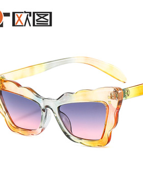 猫眼花边彩色小框太阳镜欧美女士修脸个性ins墨镜--M451