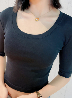 百搭大圆领U领打底衫女韩版短款修身中袖黑灰色高腰内搭T恤上衣