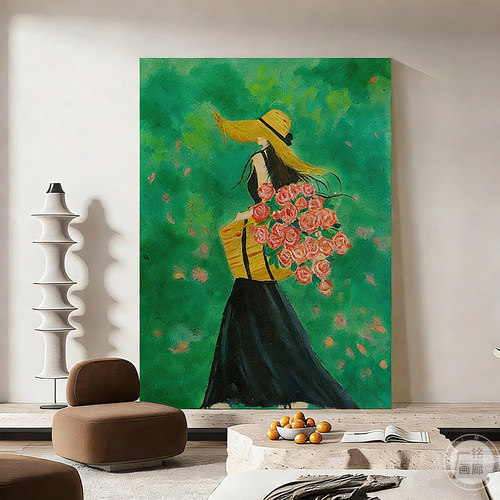 小众文艺少女花卉装饰画中古风客厅落地画挂画高级感复古人物壁画