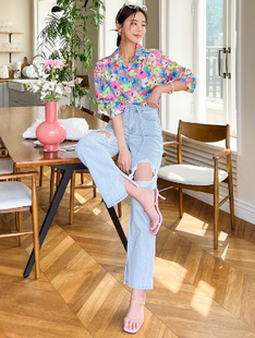 破洞牛仔裤 口袋韩国代购 碎花显白翻领衬衫 4.7时尚 单买 2023年春款