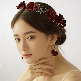 新中式国潮耳环发饰皇冠头饰新娘巴洛克王冠酒红色婚纱正红套装
