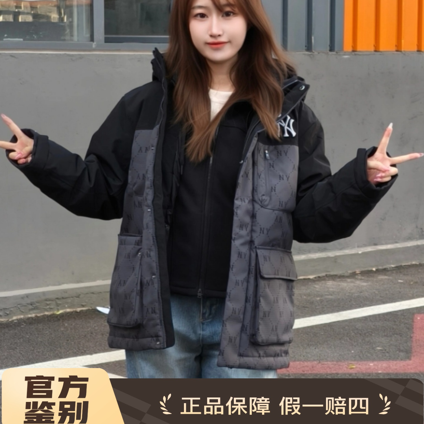 MLB正品工装风连帽羽绒服男女情侣中长款保暖休闲外套3ADJM0156