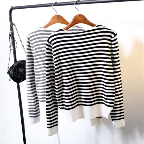 2023款2day秋冬女装条纹开叉针织打底衫长袖套头针织衫兔毛毛衣