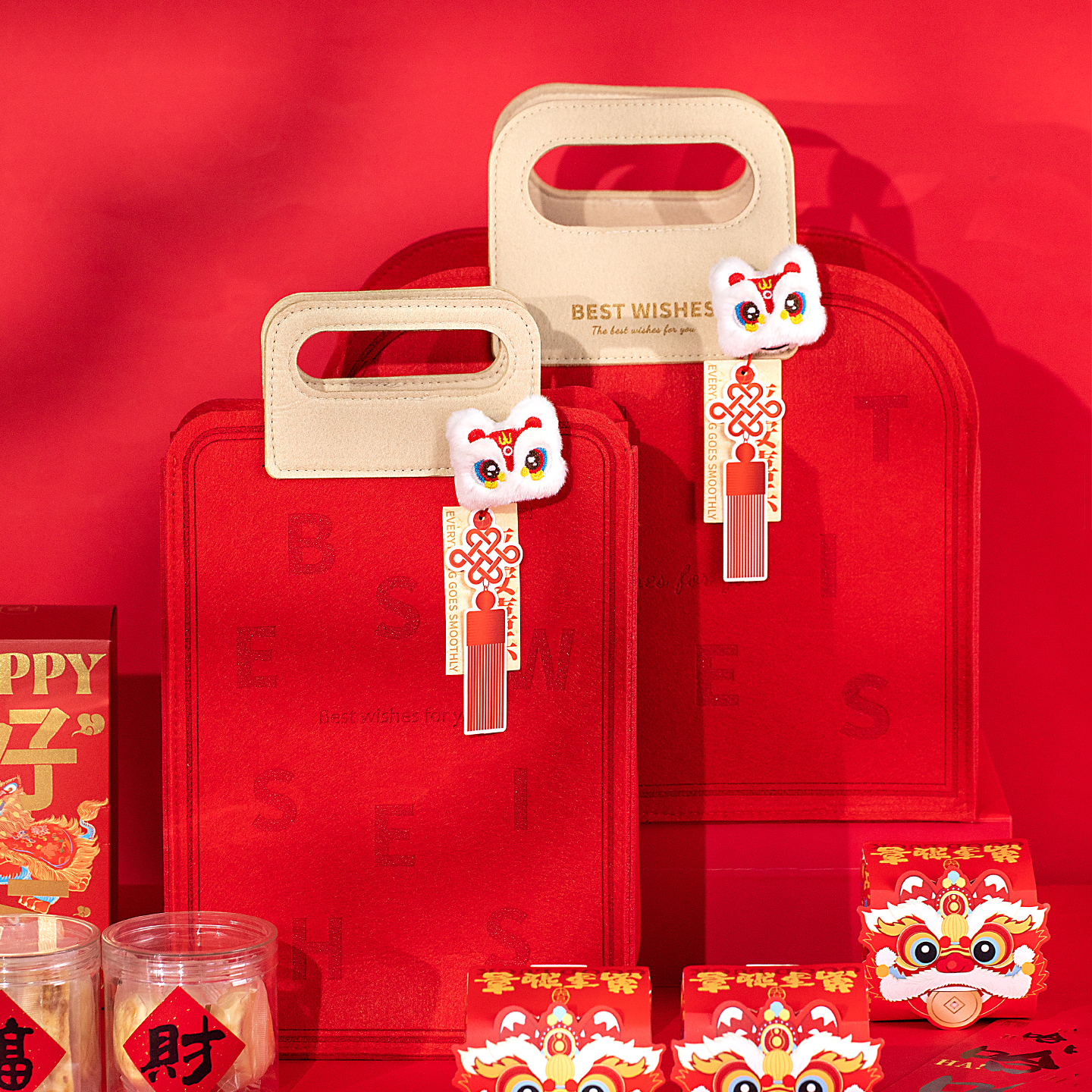 红色创意毛毡包袋包装盒节日送礼