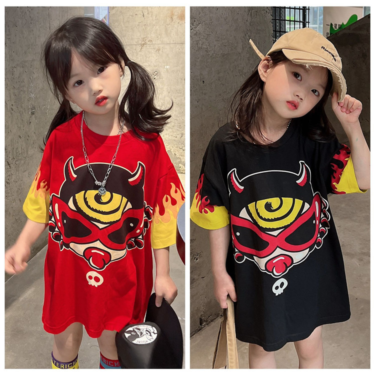 2025日系潮童装夏新款男女童纯棉卡通黑超奶嘴小恶魔圆领短袖T恤