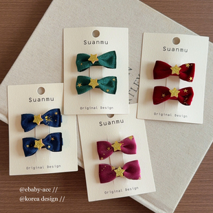 韩版星星圣诞新年丝绒蝴蝶结发夹女宝小发卡全包发夹甜美可爱头饰