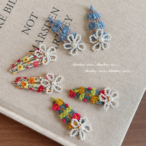 森系女孩侧边碎发防锈BB夹超仙碎花刺绣珍珠发夹小清新边夹侧边夹